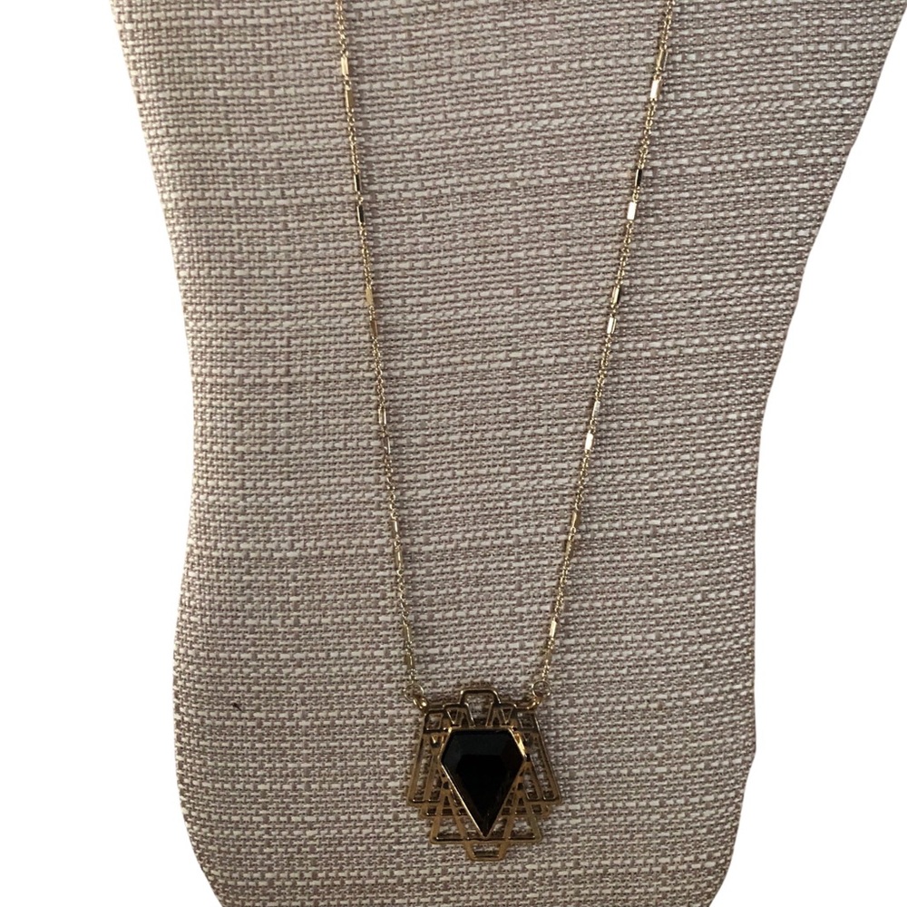 Gold Necklace Art Deco Black Center Stone Rollo Gold plated Chain Vintage 24” - Picture 3 of 10